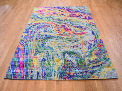 Yellow 5'10" x 8'8" Modern / Contemporary Hand knotted Wool/Silk Rug - Sku: O059232
