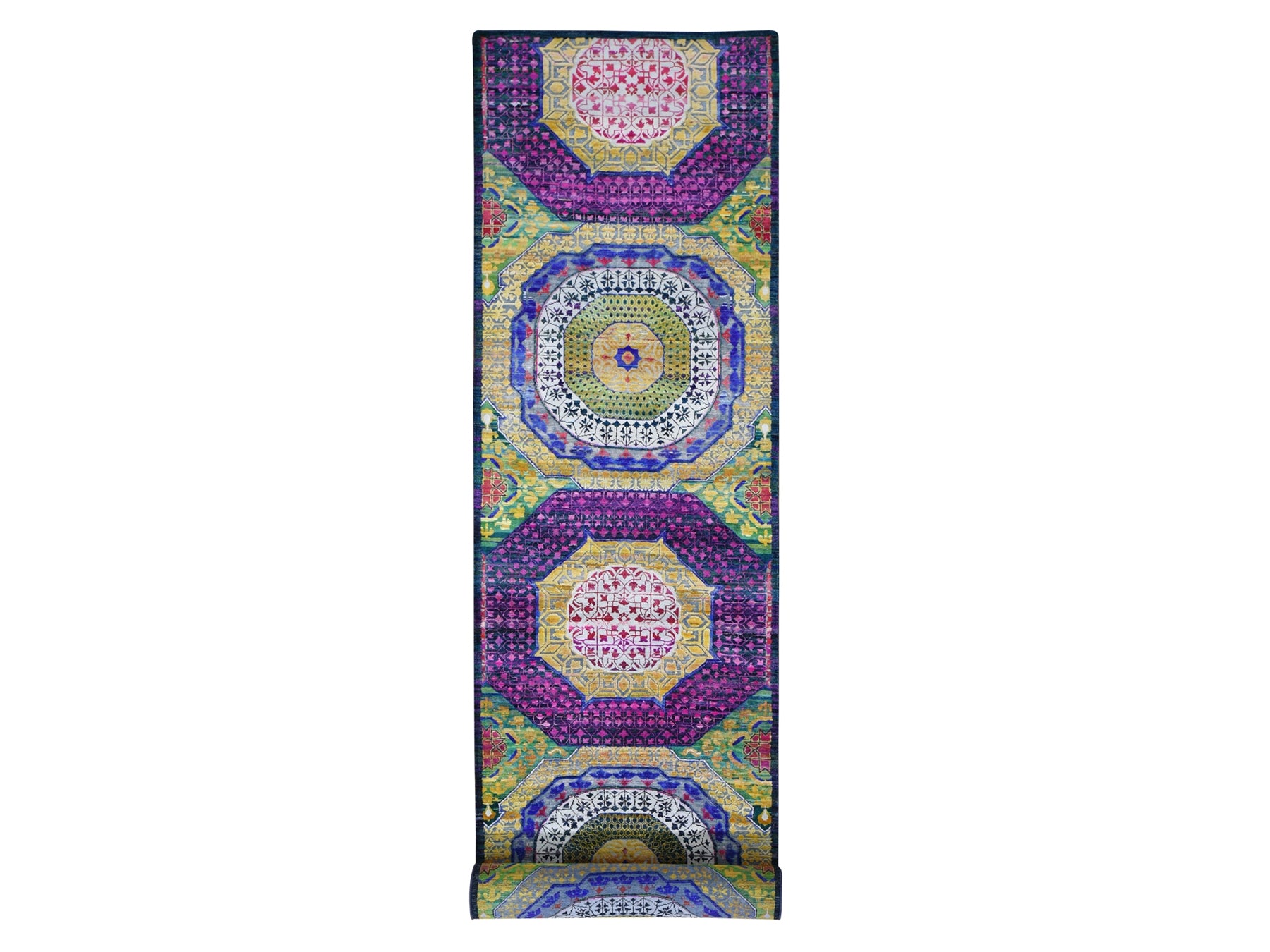 Mamluk Mamluk hand-knotted silk runner in Yellow, 3'2" x 17'5" — SKU O059235