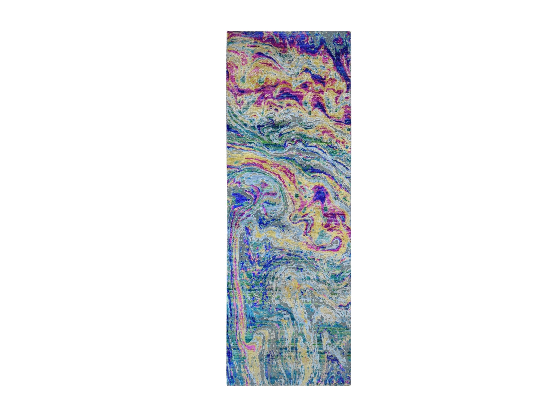 Modern / Contemporary hand-knotted wool/sari silk runner in Yellow, 2'10" x 8'2" — SKU O059239
