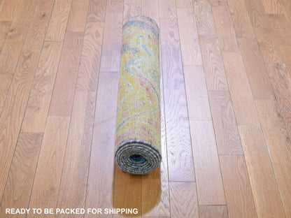 Yellow 2'10" x 8'2" Modern / Contemporary Hand knotted Wool/Silk Rug - Sku: O059239