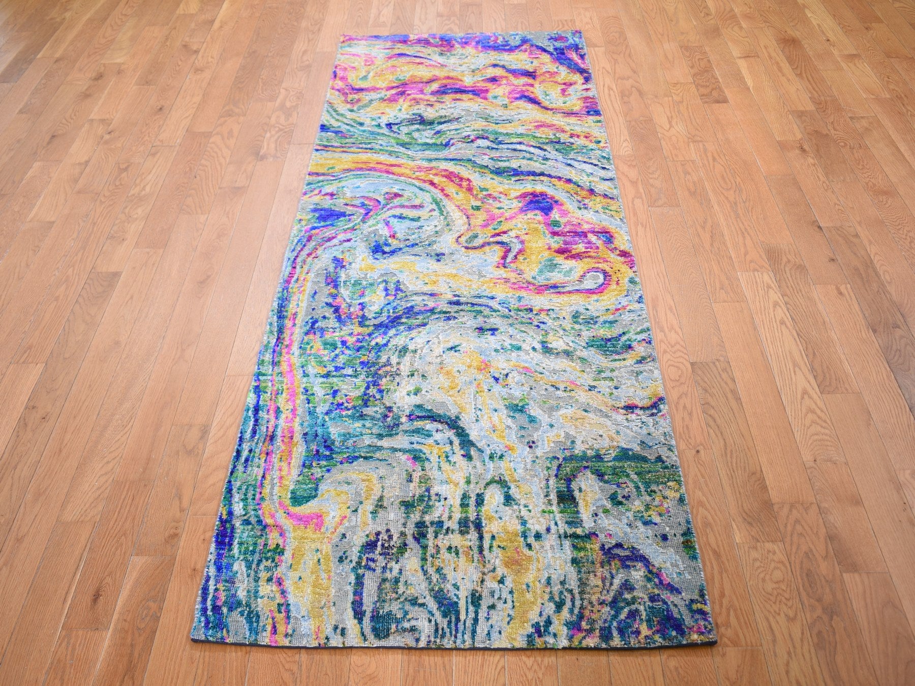 Modern / Contemporary hand-knotted wool/silk runner in Yellow, 2'9" x 8'2" — SKU O059240 (view 2)