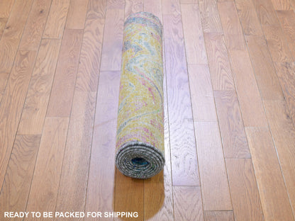 Yellow 2'9" x 8'2" Modern / Contemporary Hand knotted Wool/Silk Rug - Sku: O059240