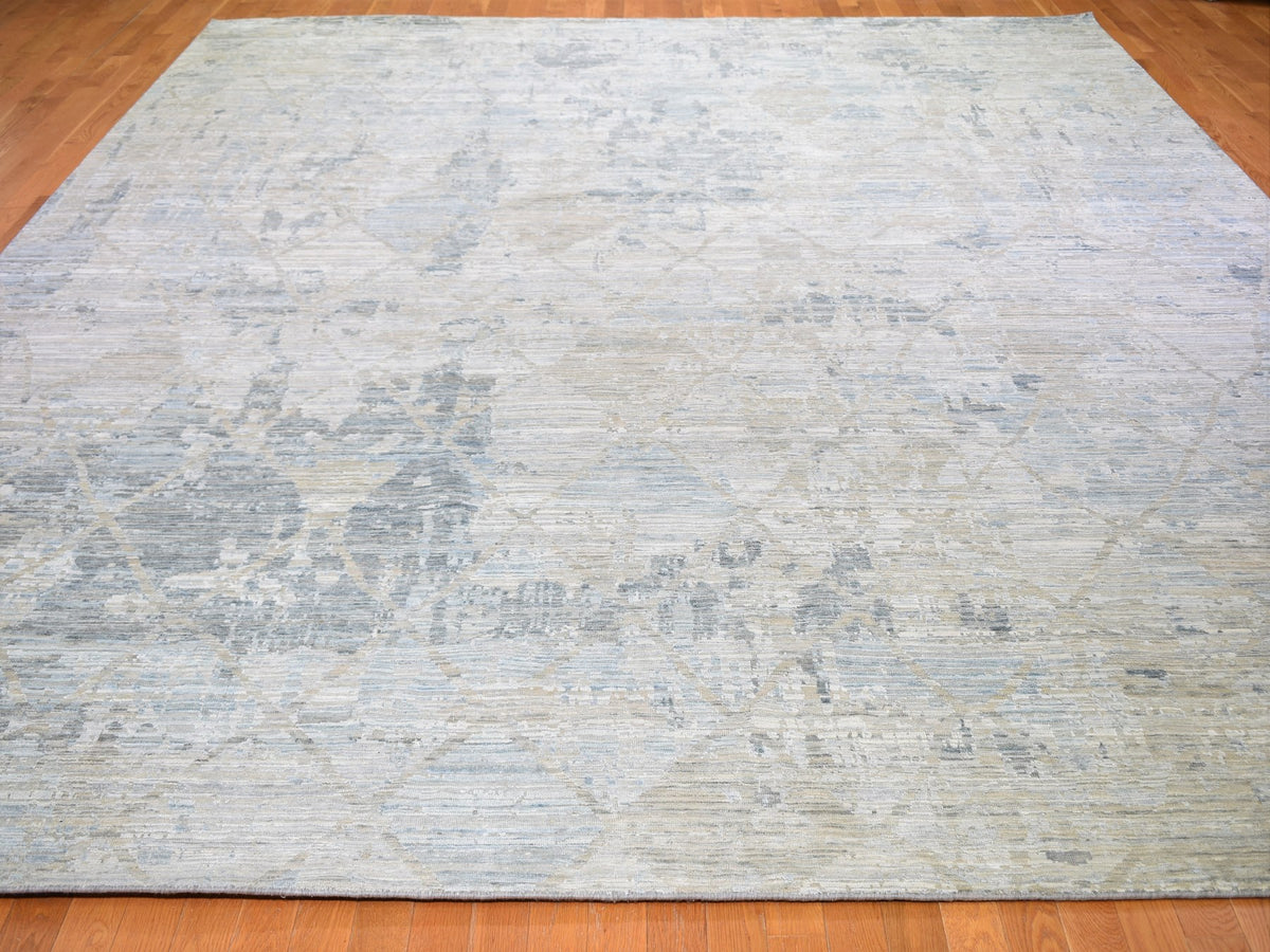 Modern / Contemporary hand-knotted wool/silk rug in Ivory, 12' x 15'1" — SKU O059262 (view 2)