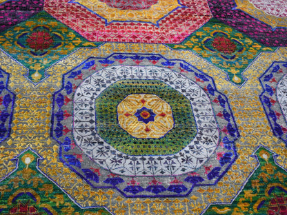 Yellow 12'0" x 15'3" Traditional Hand knotted Wool/Silk Rug - Sku: O059263