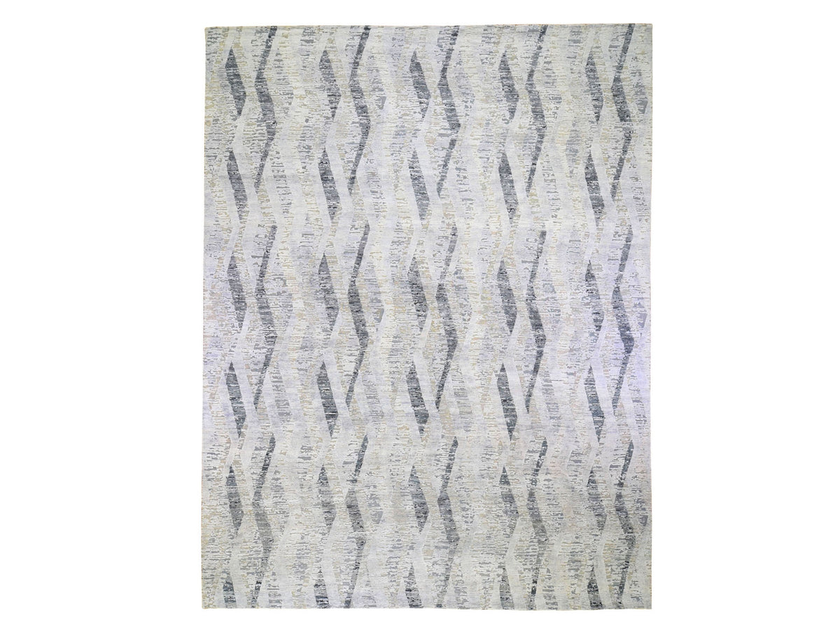 Modern / Contemporary hand-knotted wool/silk rug in Ivory, 11'10" x 15'2" — SKU O059268