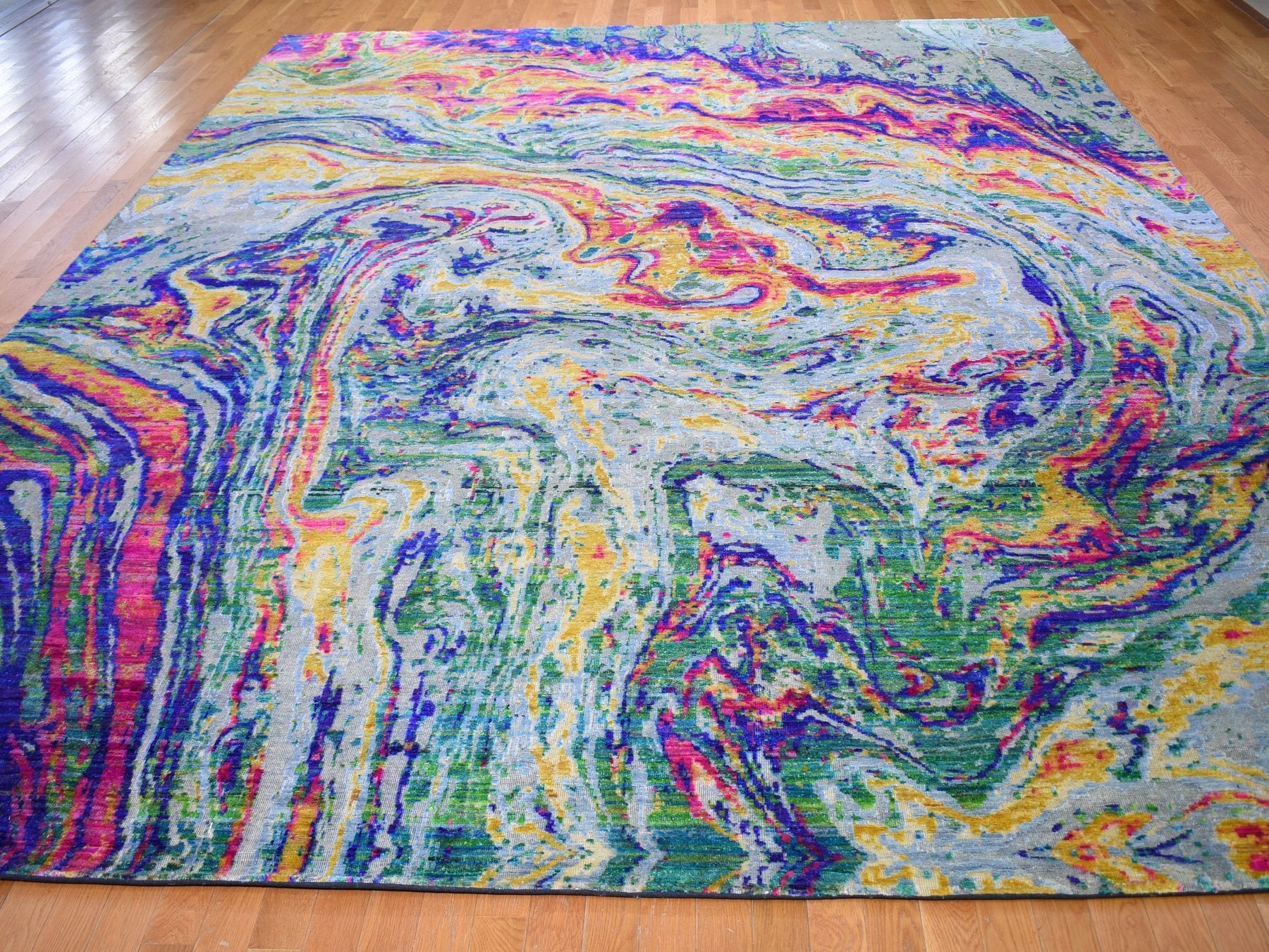 Modern / Contemporary hand-knotted wool/silk rug in Yellow, 11'7" x 14'5" — SKU O059270 (view 2)