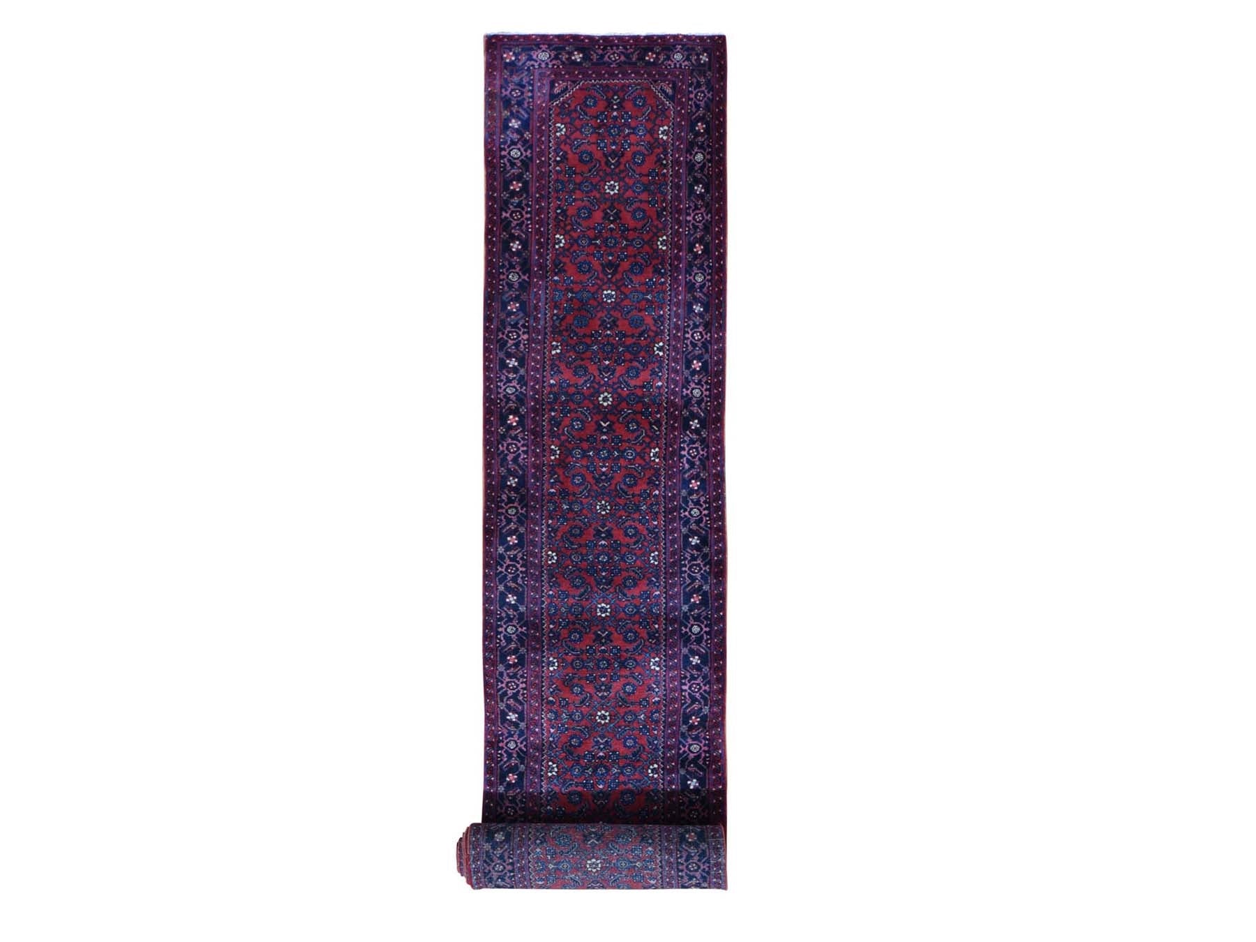 Hamadan Antique hand-knotted wool runner in Red & Navy Blue, 2'8" x 16'8" — SKU O059297