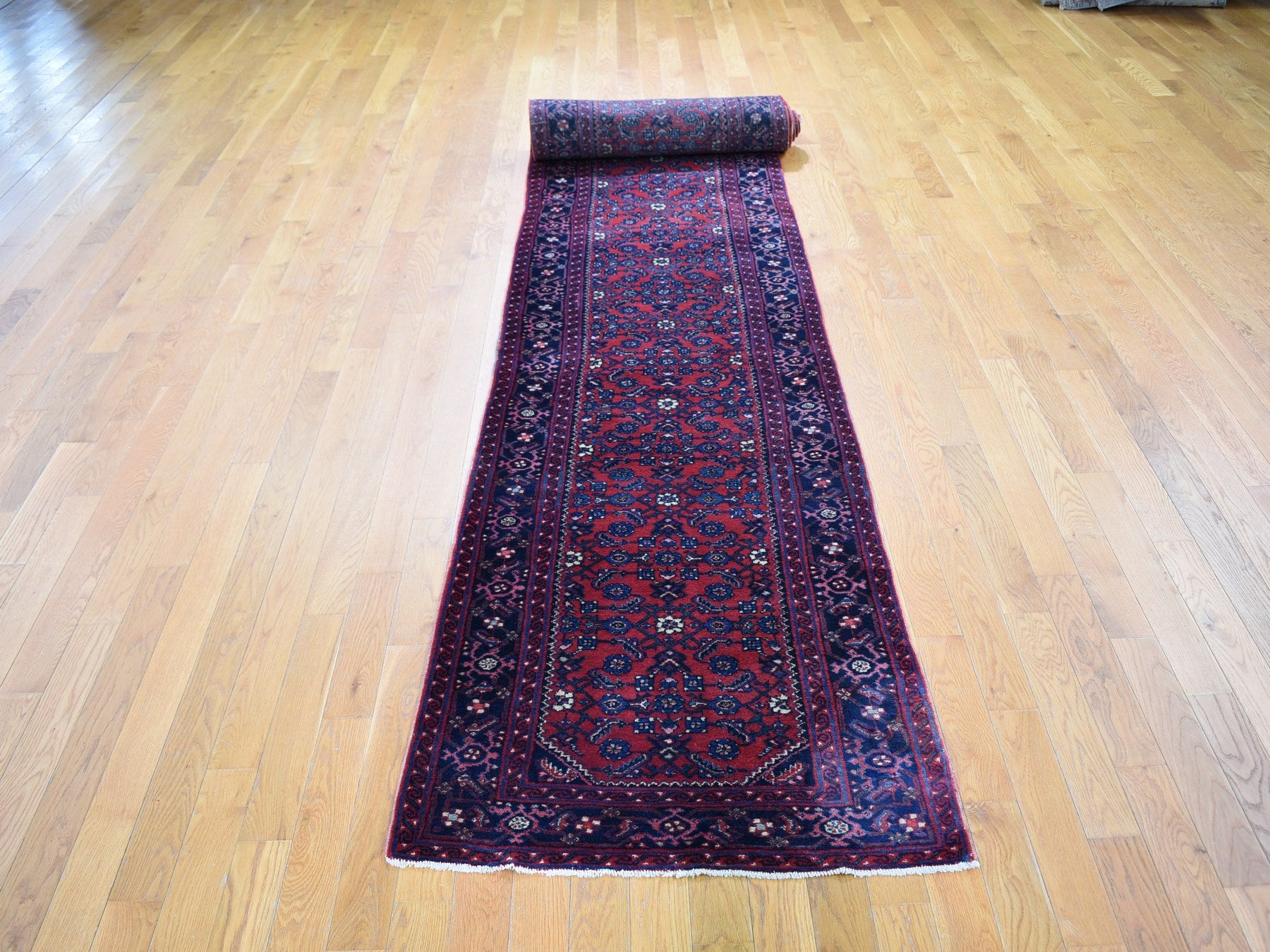 Hamadan Antique hand-knotted wool runner in Red & Navy Blue, 2'8" x 16'8" — SKU O059297 (view 2)