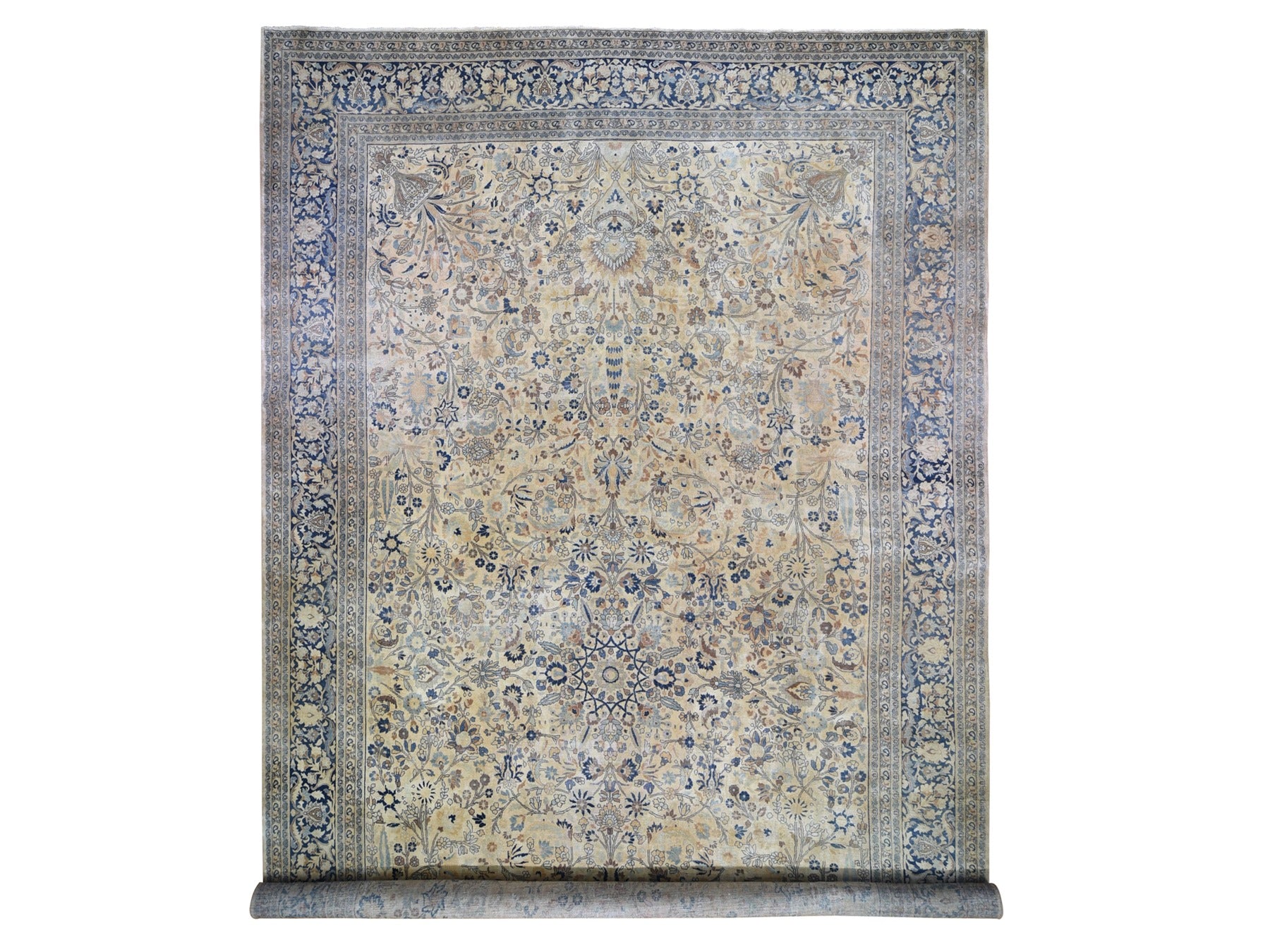 Antique hand-knotted wool rug in Ivory & Blue, 13'7" x 23' — SKU O059305