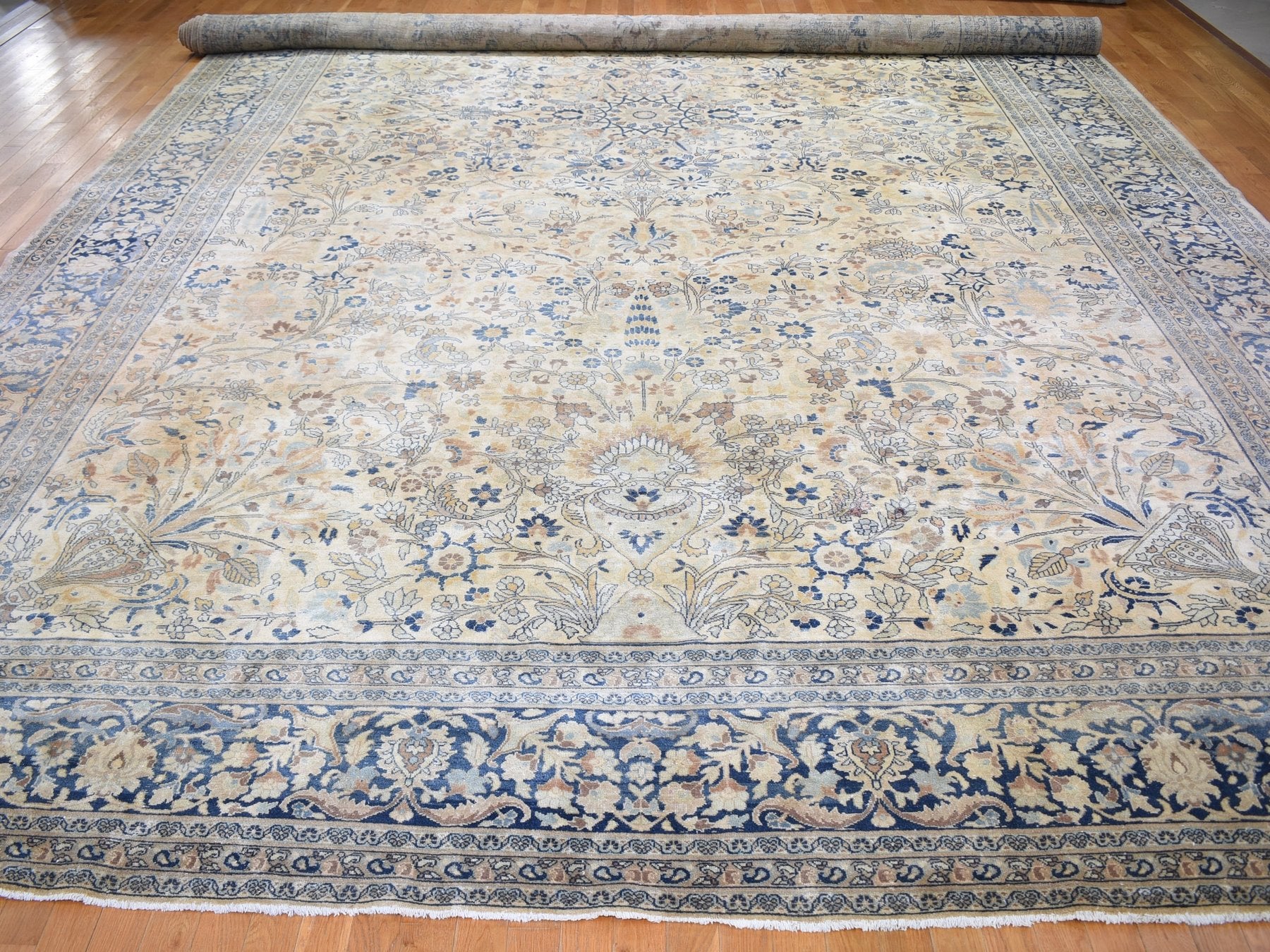 Antique hand-knotted wool rug in Ivory & Blue, 13'7" x 23' — SKU O059305 (view 2)