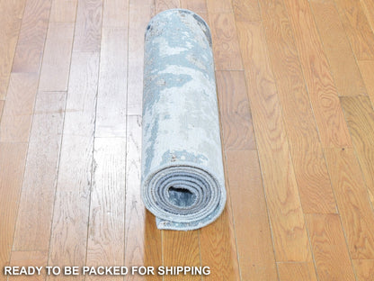 Grey 2'6" x 10'0" Modern / Contemporary Hand knotted Wool/Silk Rug - Sku: O059348