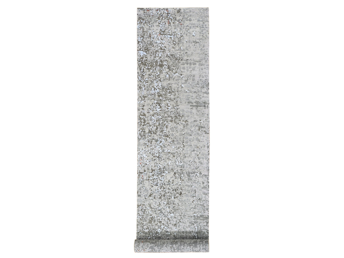 Modern / Contemporary hand-knotted wool/silk runner in Gray, 2'6" x 12'1" — SKU O059349