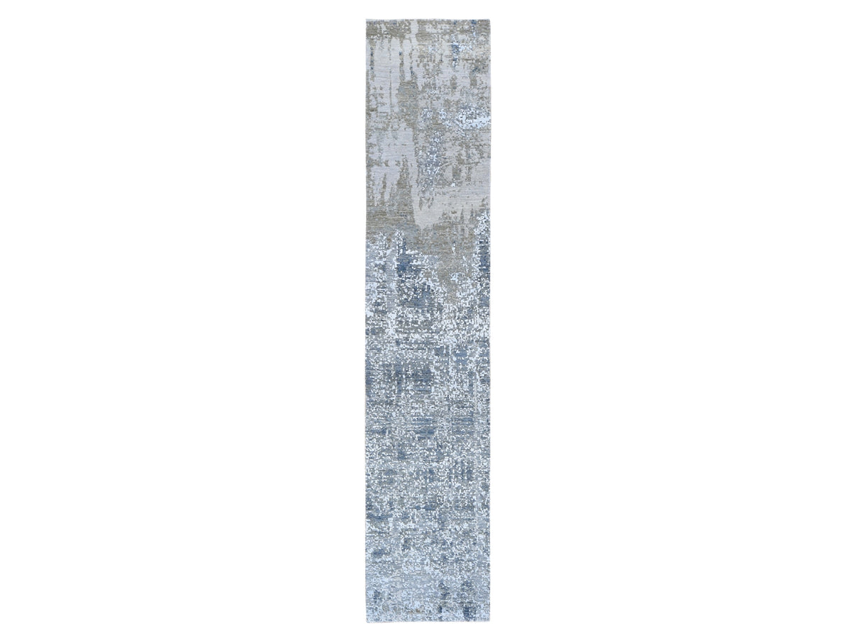 Modern / Contemporary hand-knotted wool/silk runner in Ivory, 2'5" x 12'1" — SKU O059354