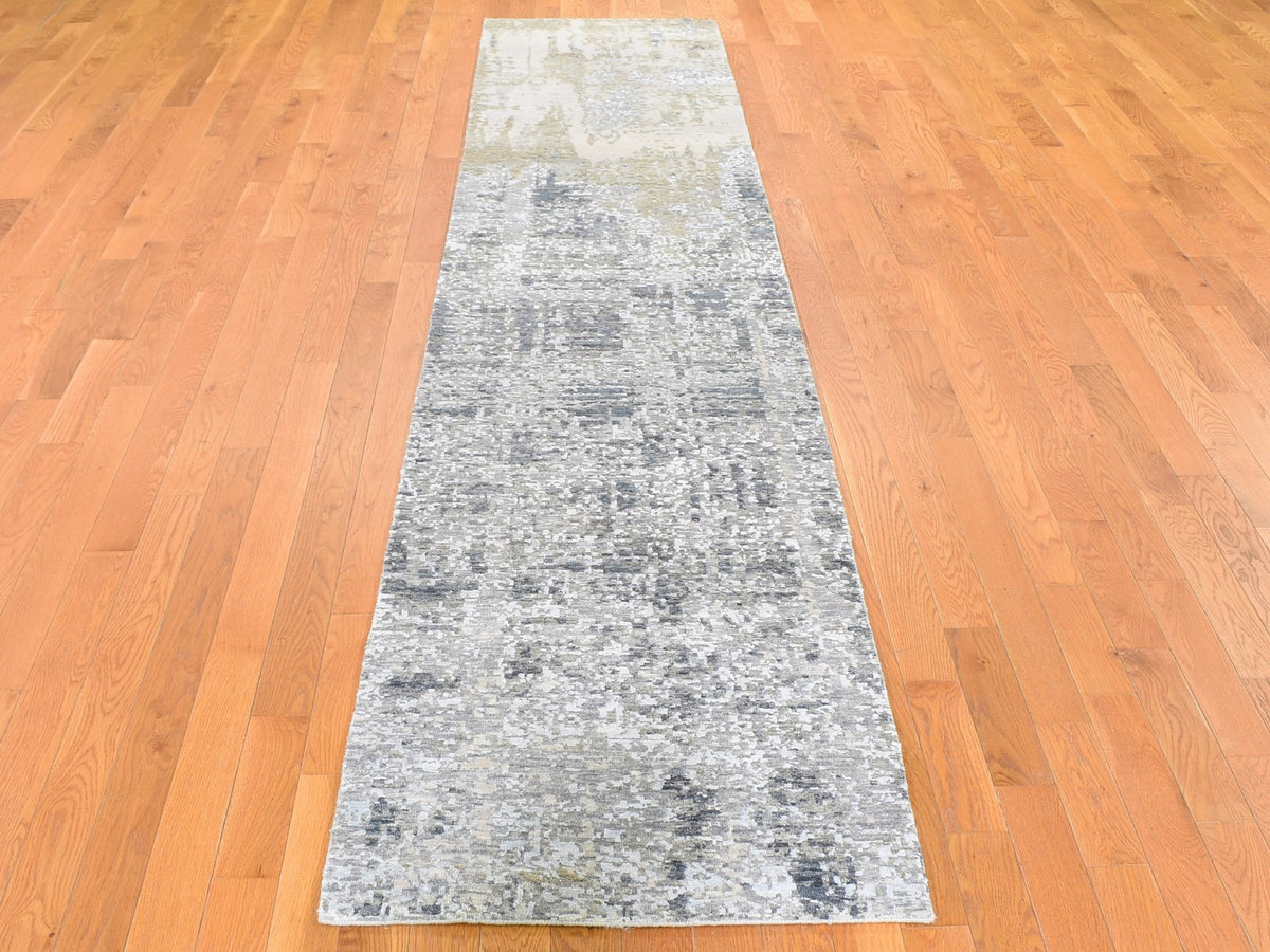 Modern / Contemporary hand-knotted wool/silk runner in Ivory, 2'5" x 12'1" — SKU O059354 (view 2)