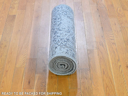 Grey 2'5" x 10'1" Transitional Handloom Wool/Silk Rug - Sku: O059360