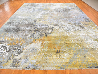Grey 12'0" x 18'2" Modern / Contemporary Hand knotted Wool/Silk Rug - Sku: O059438