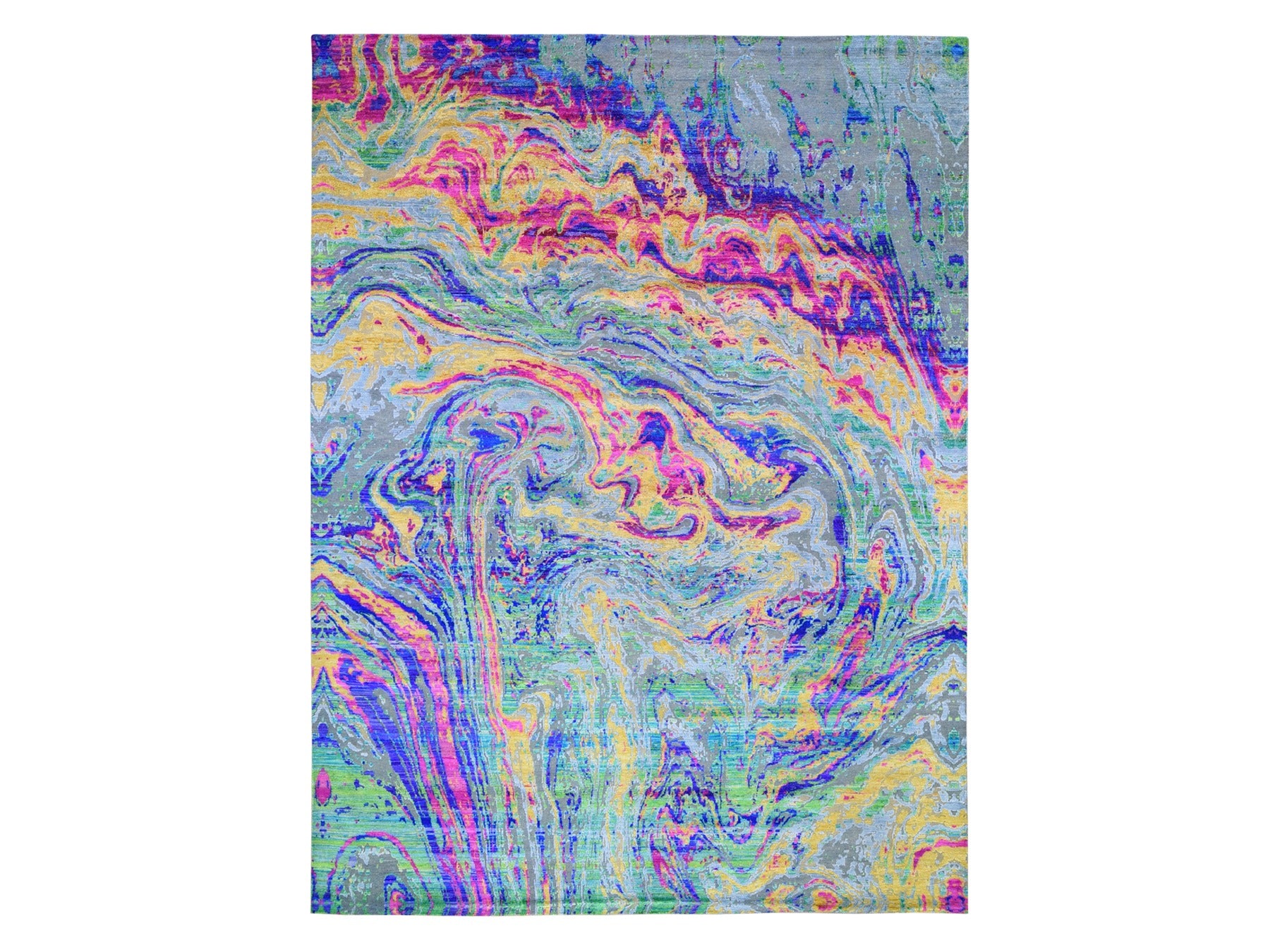 Modern / Contemporary hand-knotted wool/sari silk rug in Yellow, 9'10" x 13'7" — SKU O059470