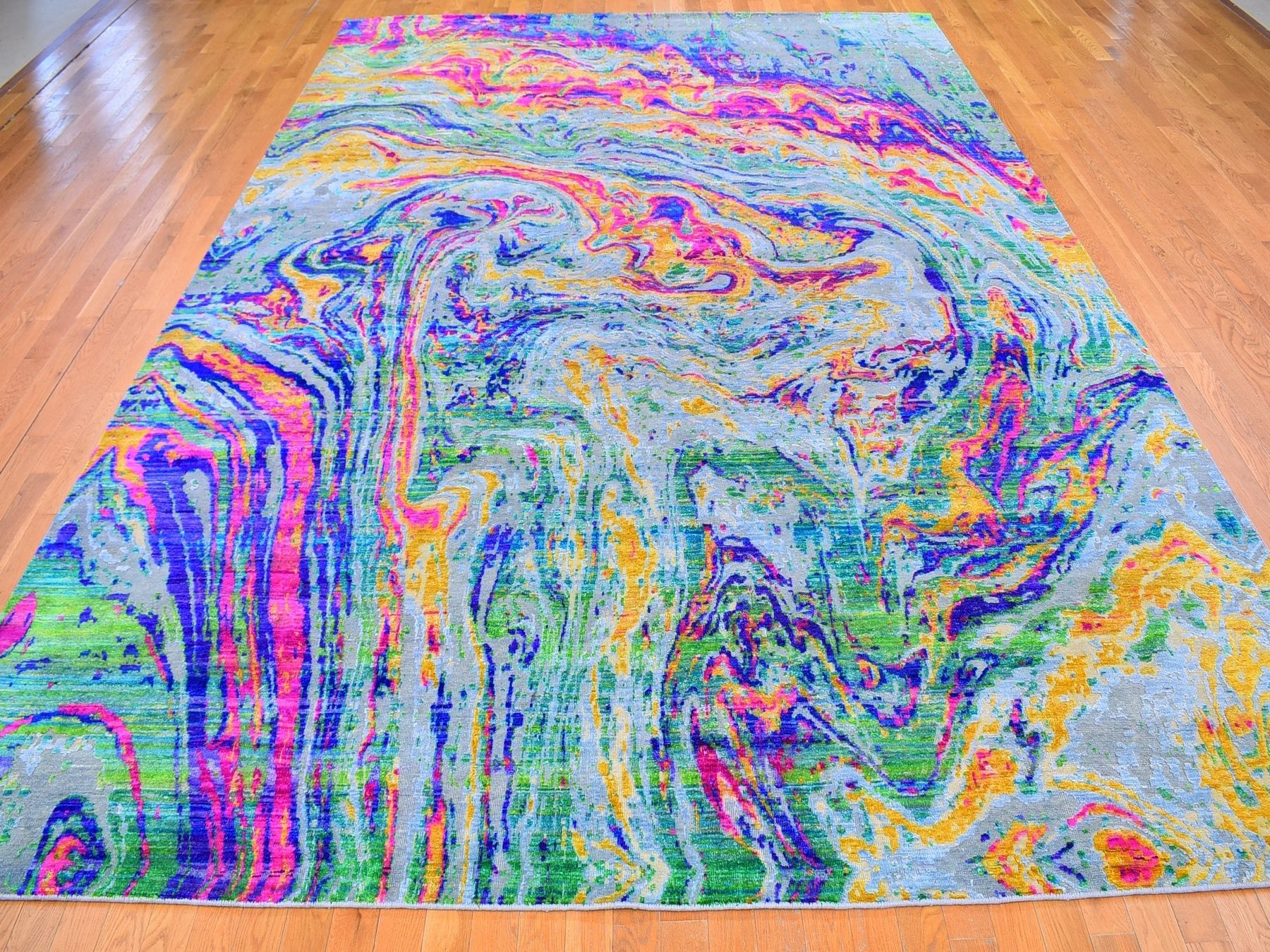 Modern / Contemporary hand-knotted wool/sari silk rug in Yellow, 9'10" x 13'7" — SKU O059470 (view 2)