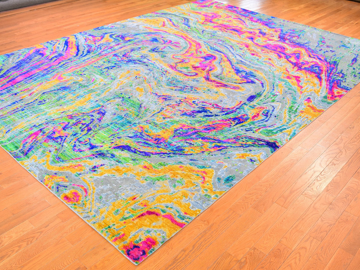 Modern / Contemporary hand-knotted wool/sari silk rug in Yellow, 9'10" x 13'7" — SKU O059470 (view 3)