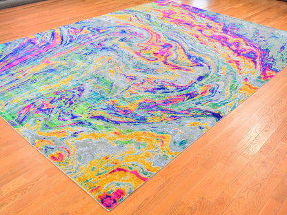 Modern / Contemporary hand-knotted wool/sari silk rug in Yellow, 9'10" x 13'7" — SKU O059470 (view 3)