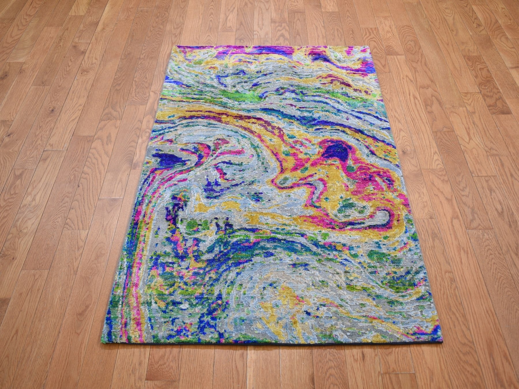 Modern / Contemporary hand-knotted wool/silk rug in Yellow, 3' x 5' — SKU O059476 (view 2)
