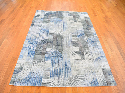 Blue 5'1" x 7'0" Modern and Contemporary Hand knotted Wool/Silk Rug - Sku: O059481