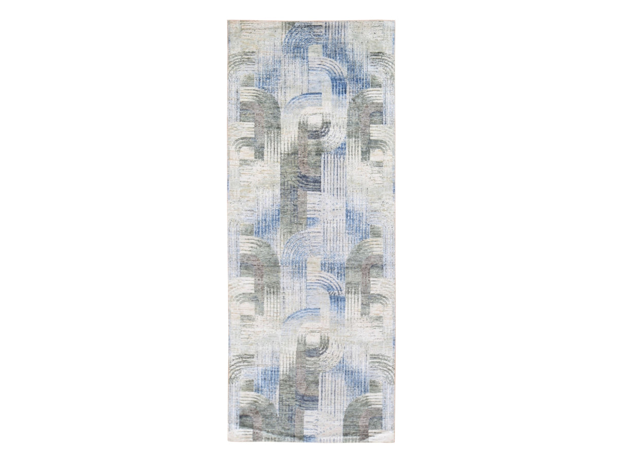 Modern / Contemporary hand-knotted wool/silk runner in Blue, 4' x 10'2" — SKU O059482