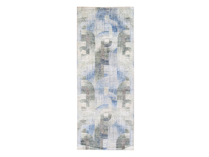 Modern / Contemporary hand-knotted wool/silk runner in Blue, 4' x 10'2" — SKU O059482