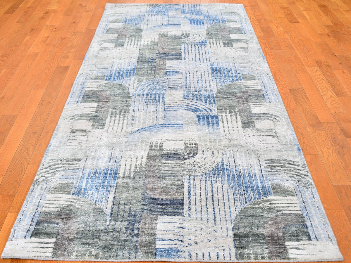 Modern / Contemporary hand-knotted wool/silk runner in Blue, 4' x 10'2" — SKU O059482 (view 2)
