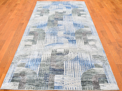 Modern / Contemporary hand-knotted wool/silk runner in Blue, 4' x 10'2" — SKU O059482 (view 2)