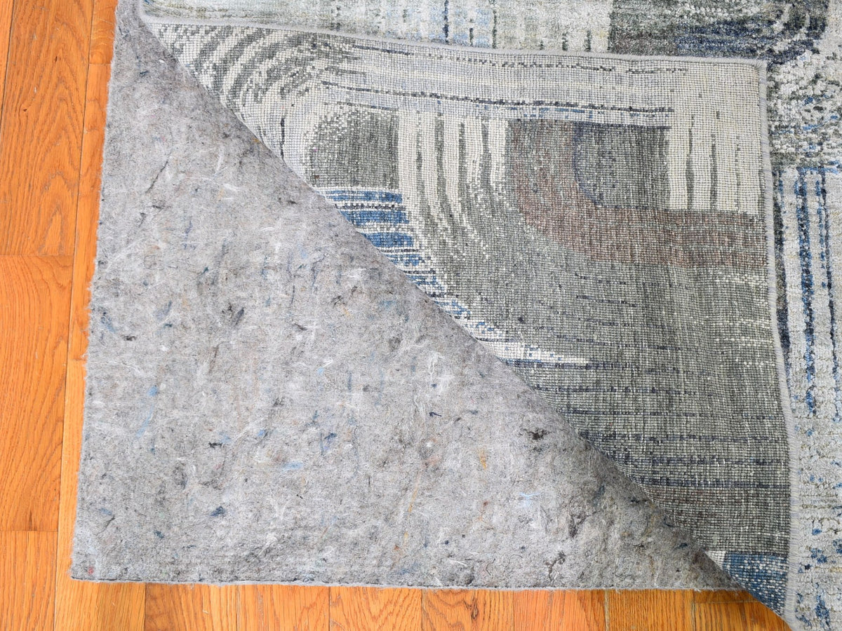 Modern / Contemporary hand-knotted wool/silk runner in Blue, 4' x 10'2" — SKU O059482 (view 3)