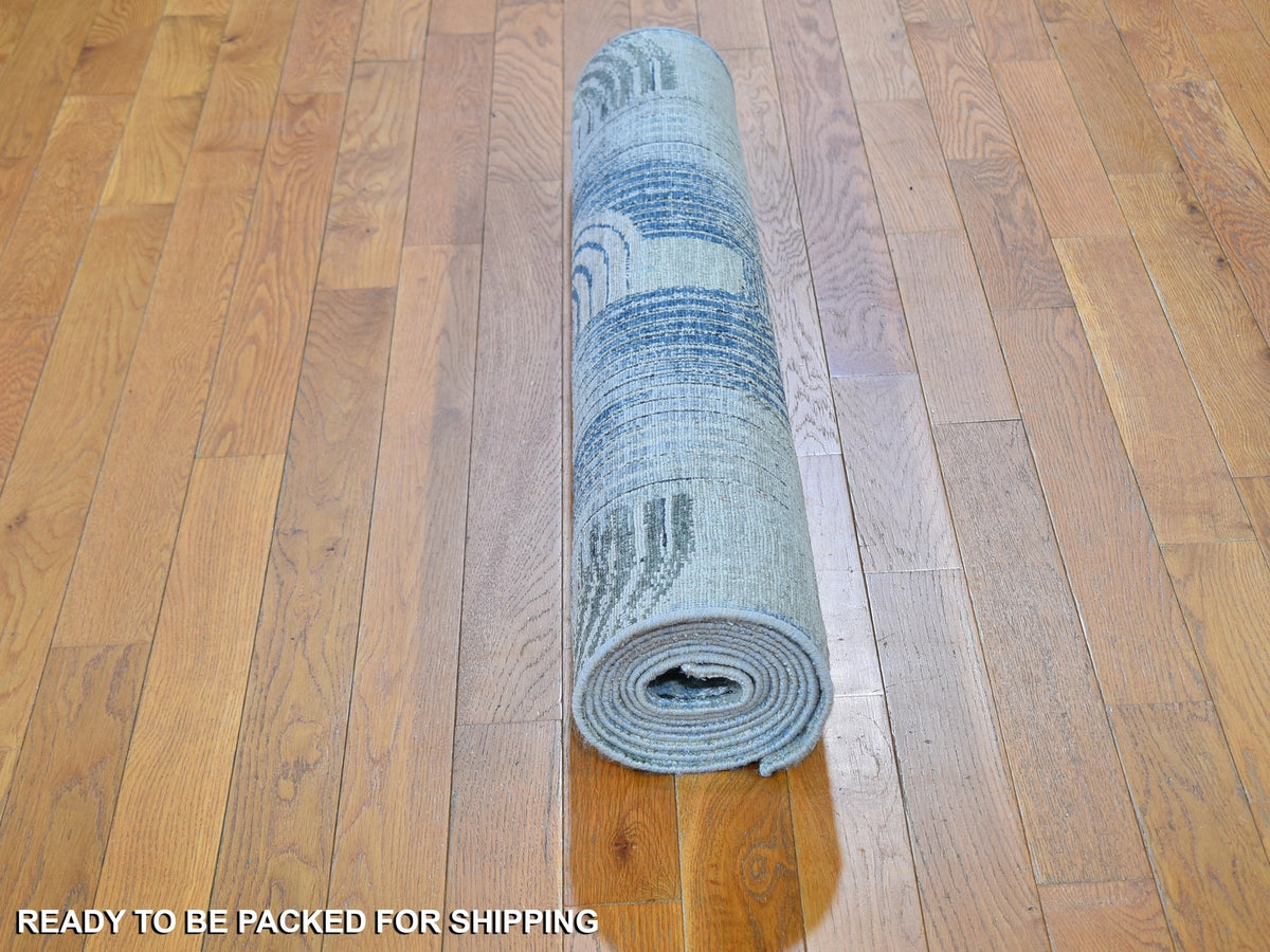 Modern / Contemporary hand-knotted wool/silk runner in Blue, 4' x 10'2" — SKU O059482 (view 5)