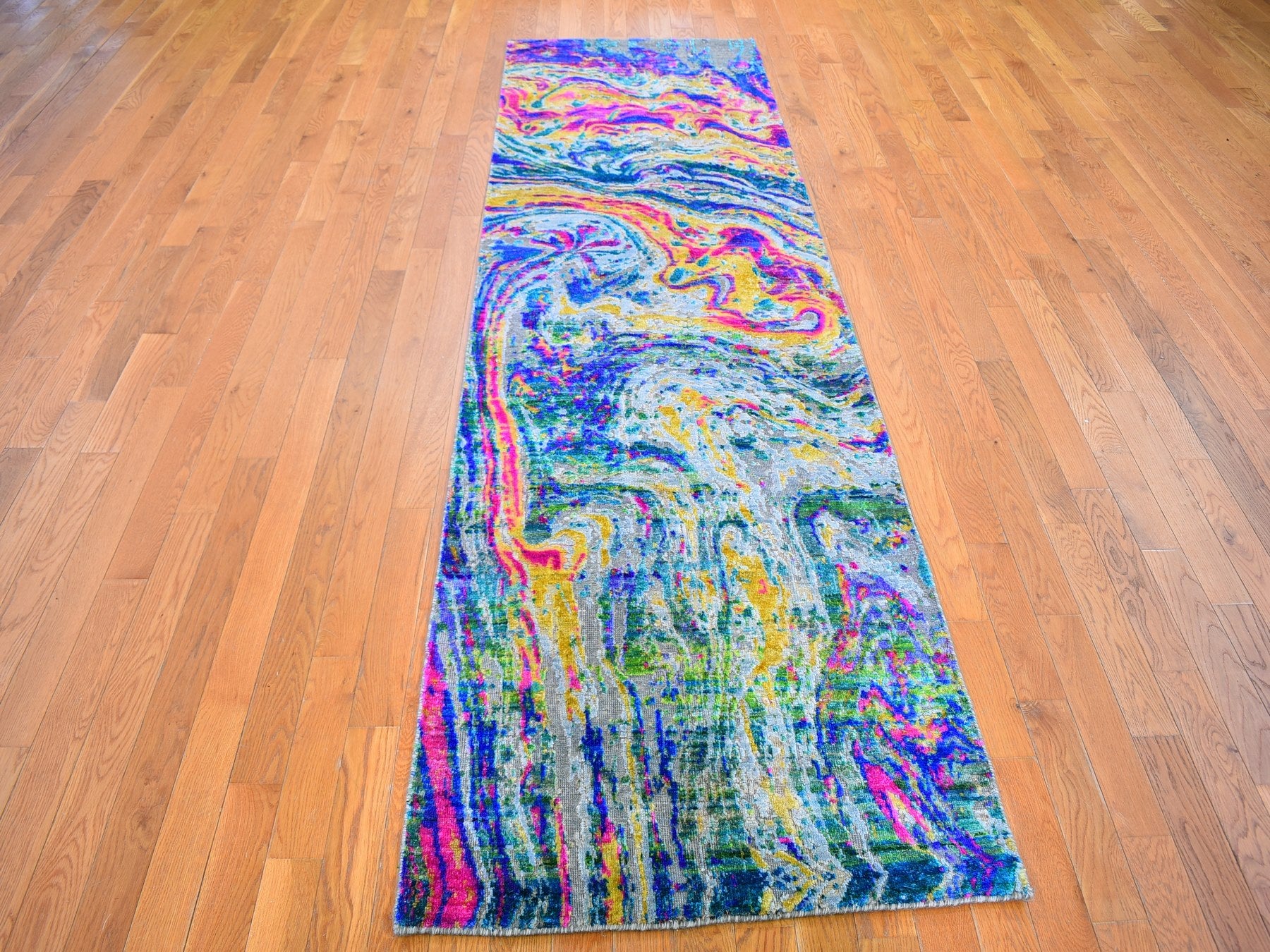 Yellow 3'0" x 10'0" Modern / Contemporary Hand knotted Wool/Silk Rug - Sku: O059483