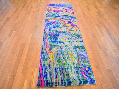 Yellow 3'0" x 10'0" Modern / Contemporary Hand knotted Wool/Silk Rug - Sku: O059483