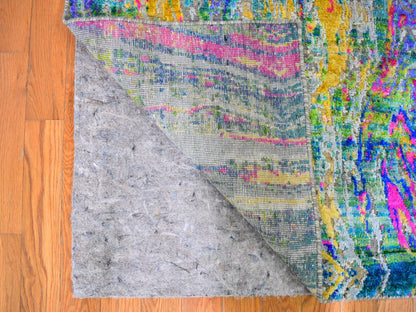 Yellow 3'0" x 10'0" Modern / Contemporary Hand knotted Wool/Silk Rug - Sku: O059483