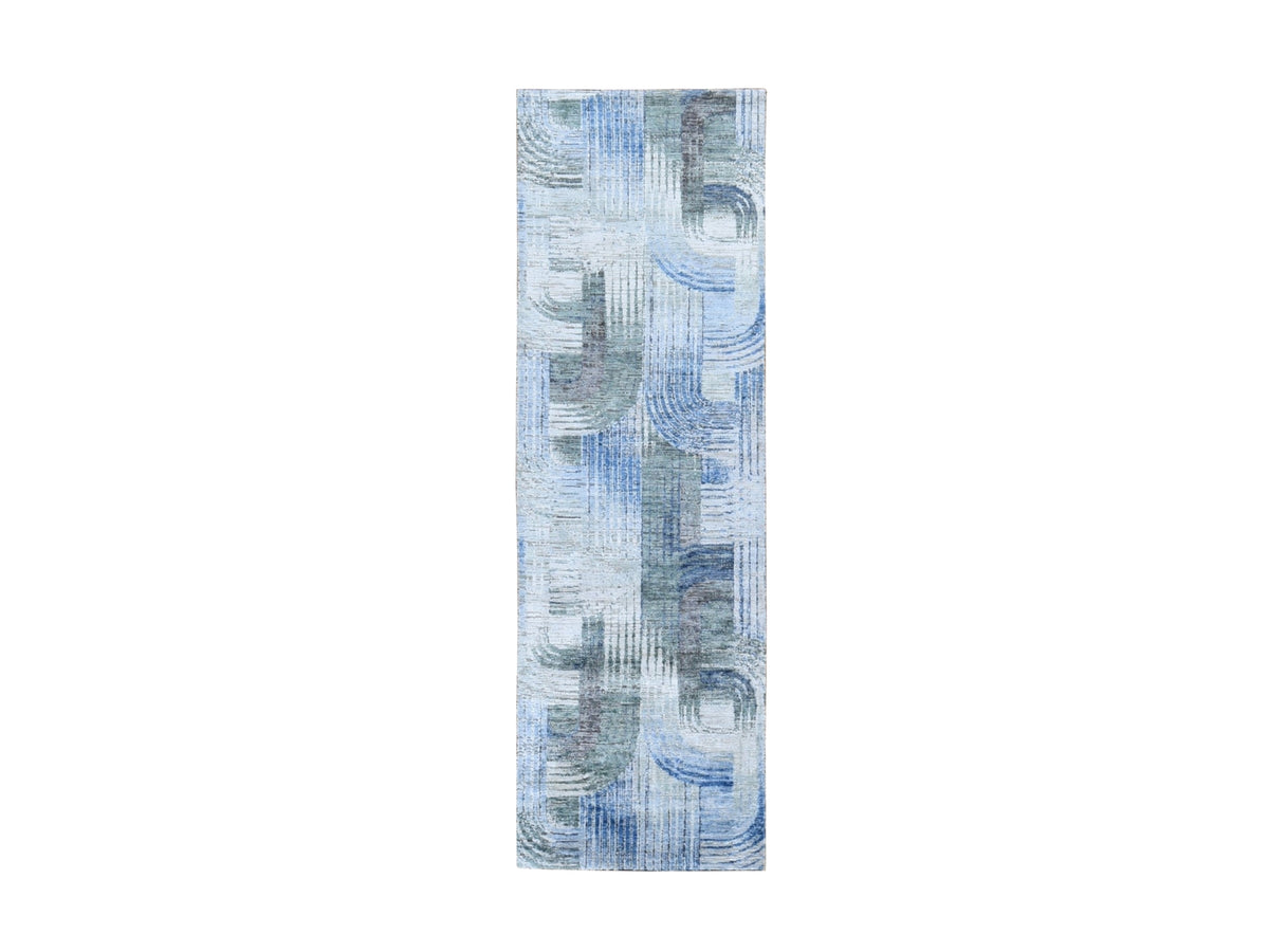 Modern / Contemporary hand-knotted wool/silk runner in Blue, 2'7" x 8'3" — SKU O059485