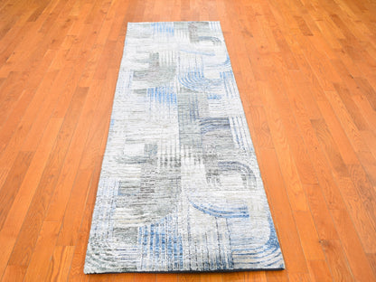 Modern / Contemporary hand-knotted wool/silk runner in Blue, 2'7" x 8'3" — SKU O059485 (view 2)