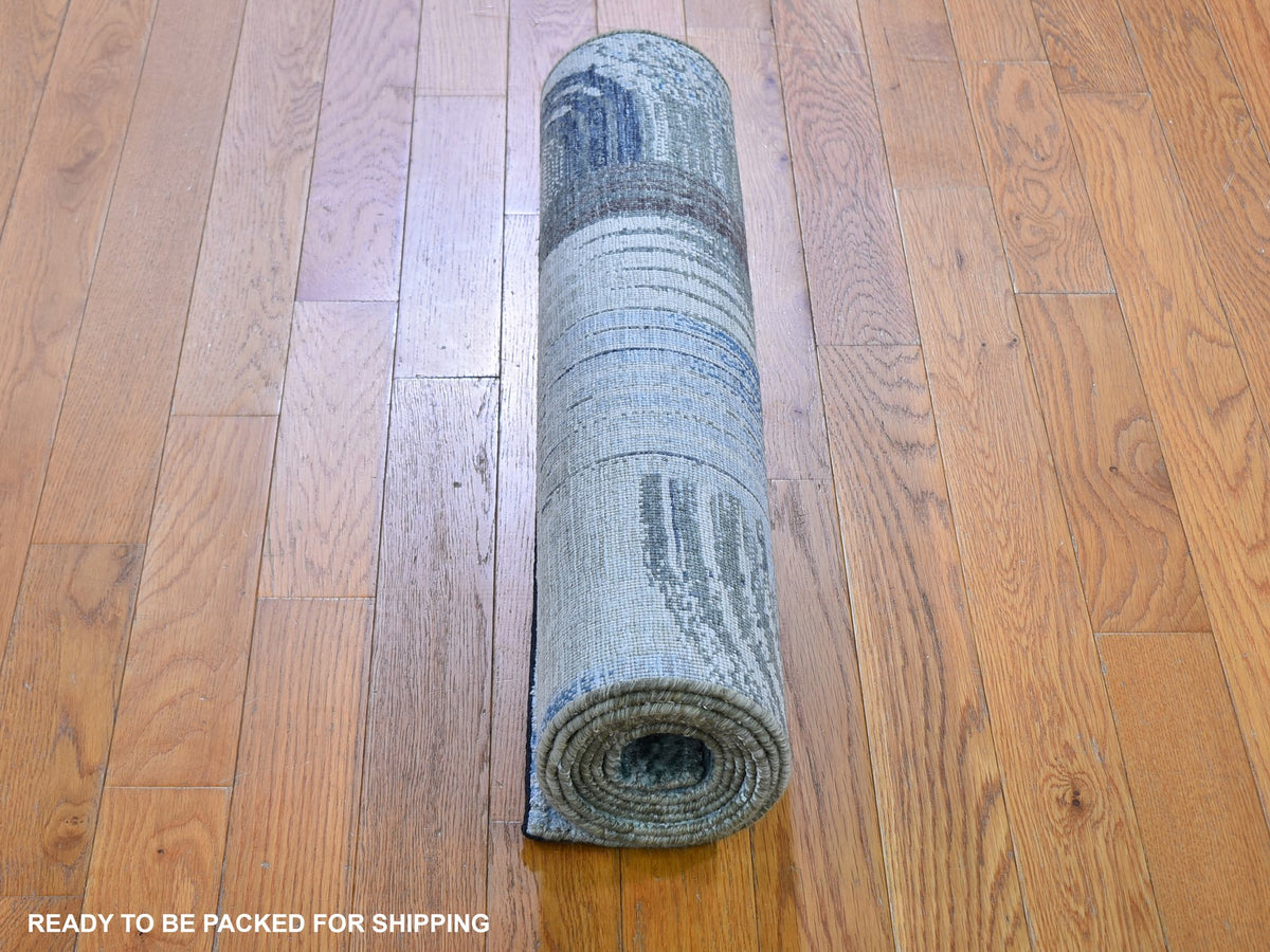 Modern / Contemporary hand-knotted wool/silk runner in Blue, 2'7" x 8'3" — SKU O059485 (view 4)