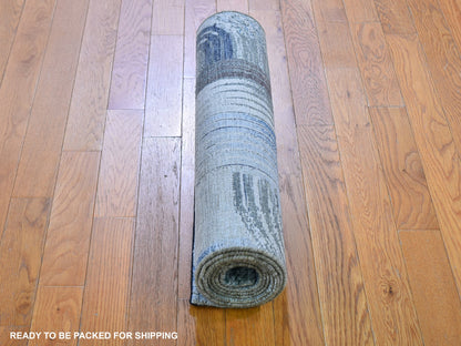 Modern / Contemporary hand-knotted wool/silk runner in Blue, 2'7" x 8'3" — SKU O059485 (view 4)