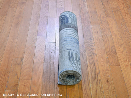 Blue 2'7" x 10'4" Modern and Contemporary Hand knotted Wool/Silk Rug - Sku: O059488