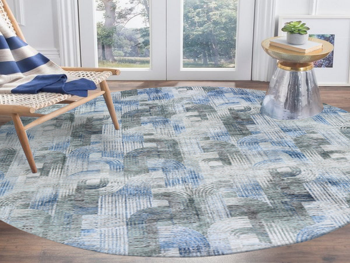 Modern / Contemporary hand-knotted wool/silk rug in Blue, 12' x 12' — SKU O059491 (view 2)