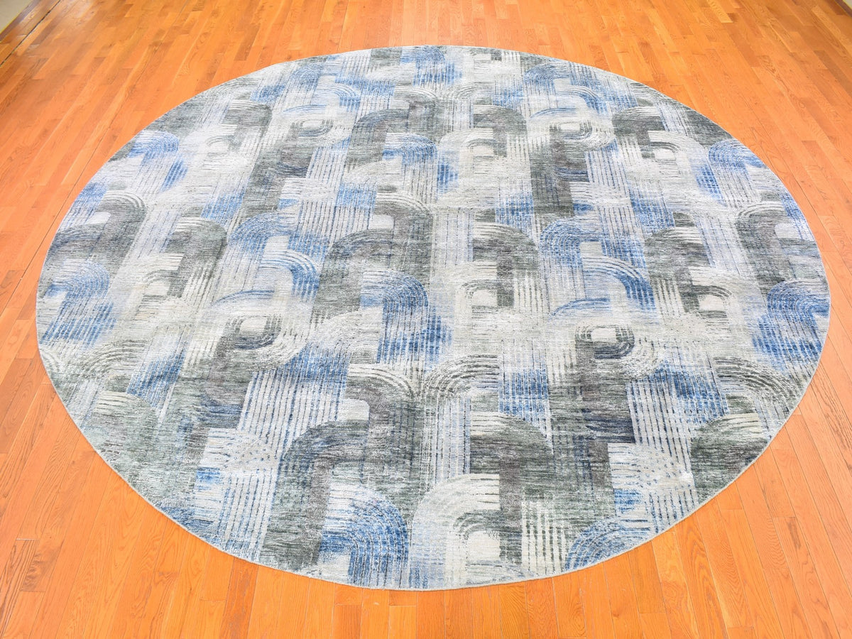 Modern / Contemporary hand-knotted wool/silk rug in Blue, 12' x 12' — SKU O059491 (view 3)