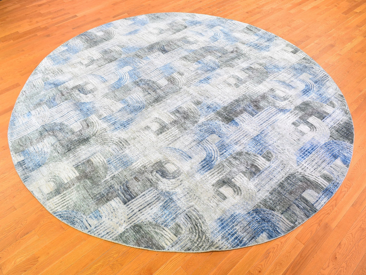 Modern / Contemporary hand-knotted wool/silk rug in Blue, 12' x 12' — SKU O059491 (view 4)