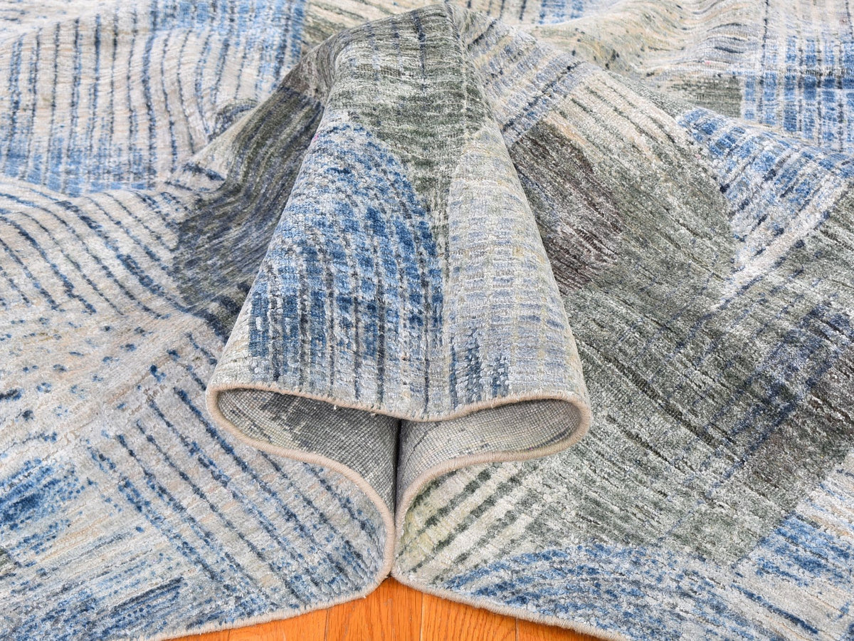 Modern / Contemporary hand-knotted wool/silk rug in Blue, 12' x 12' — SKU O059491 (view 6)