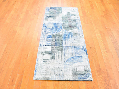 Blue 2'8" x 6'1" Modern and Contemporary Hand knotted Wool/Silk Rug - Sku: O059499
