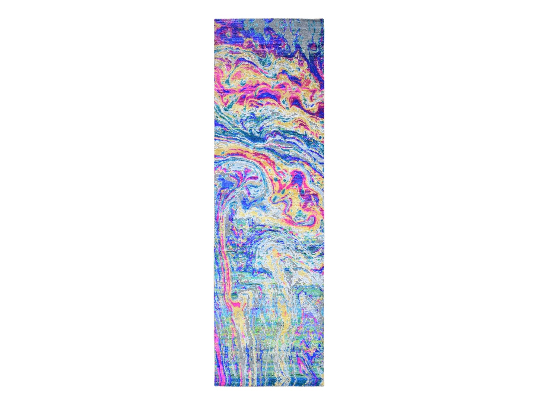 Yellow 3'0" x 10'0" Modern / Contemporary Hand knotted Wool/Silk Rug - Sku: O059502
