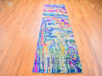 Yellow 3'0" x 10'0" Modern / Contemporary Hand knotted Wool/Silk Rug - Sku: O059502