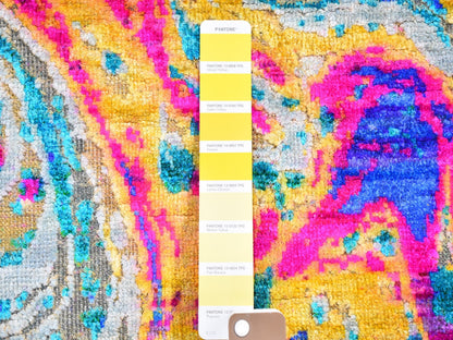 Yellow 3'0" x 10'0" Modern / Contemporary Hand knotted Wool/Silk Rug - Sku: O059502