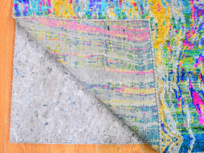 Yellow 3'0" x 10'0" Modern / Contemporary Hand knotted Wool/Silk Rug - Sku: O059502