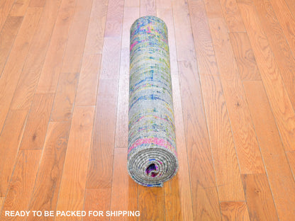 Yellow 3'0" x 10'0" Modern / Contemporary Hand knotted Wool/Silk Rug - Sku: O059502